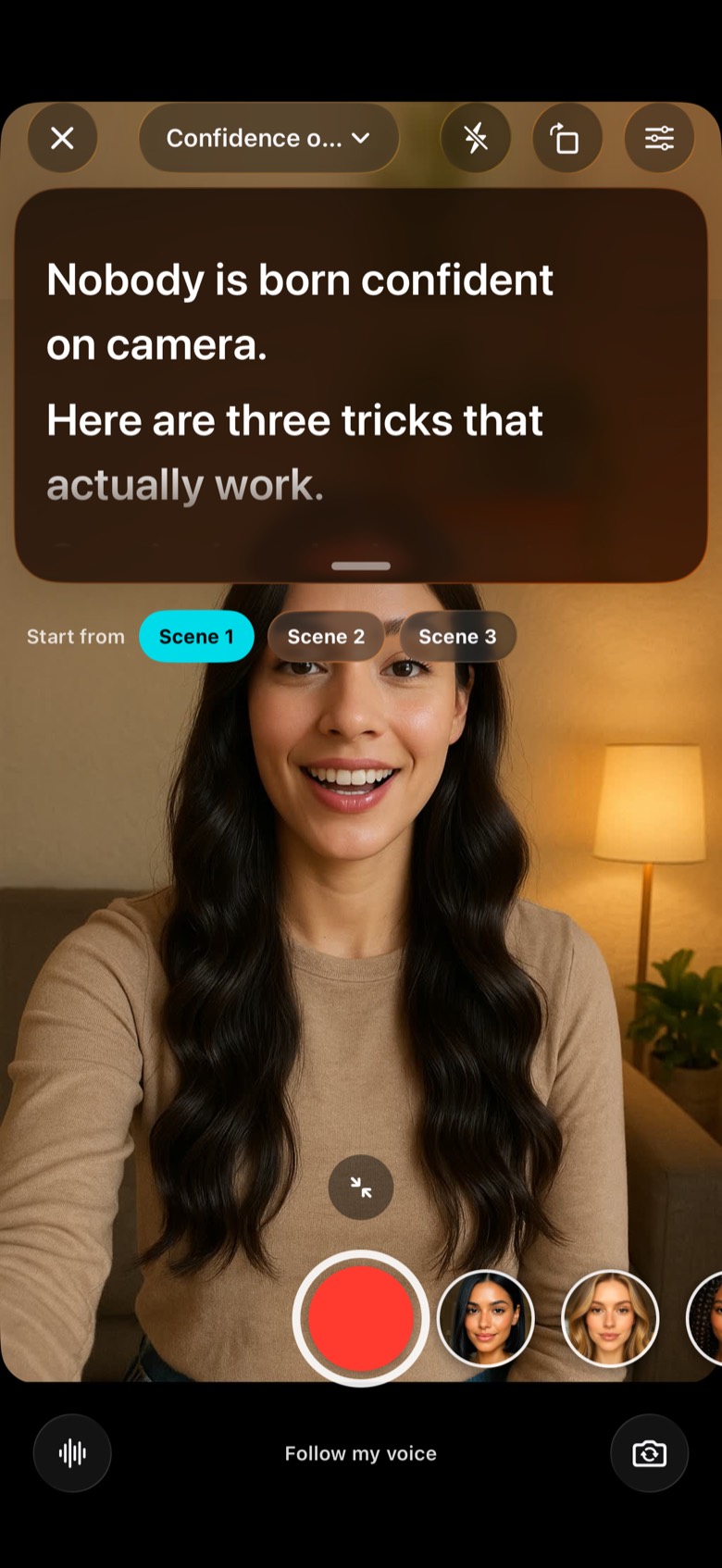 VoiceGlide camera with the script “Nobody is born confident on camera” scrolling over the preview, set to Follow my voice